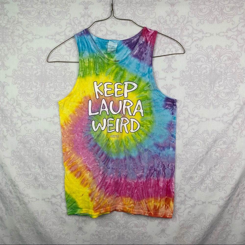 “KEEP LAURA WEIRD” Austin, Tx 2021” tie dye muscle tee/ tank Size Small